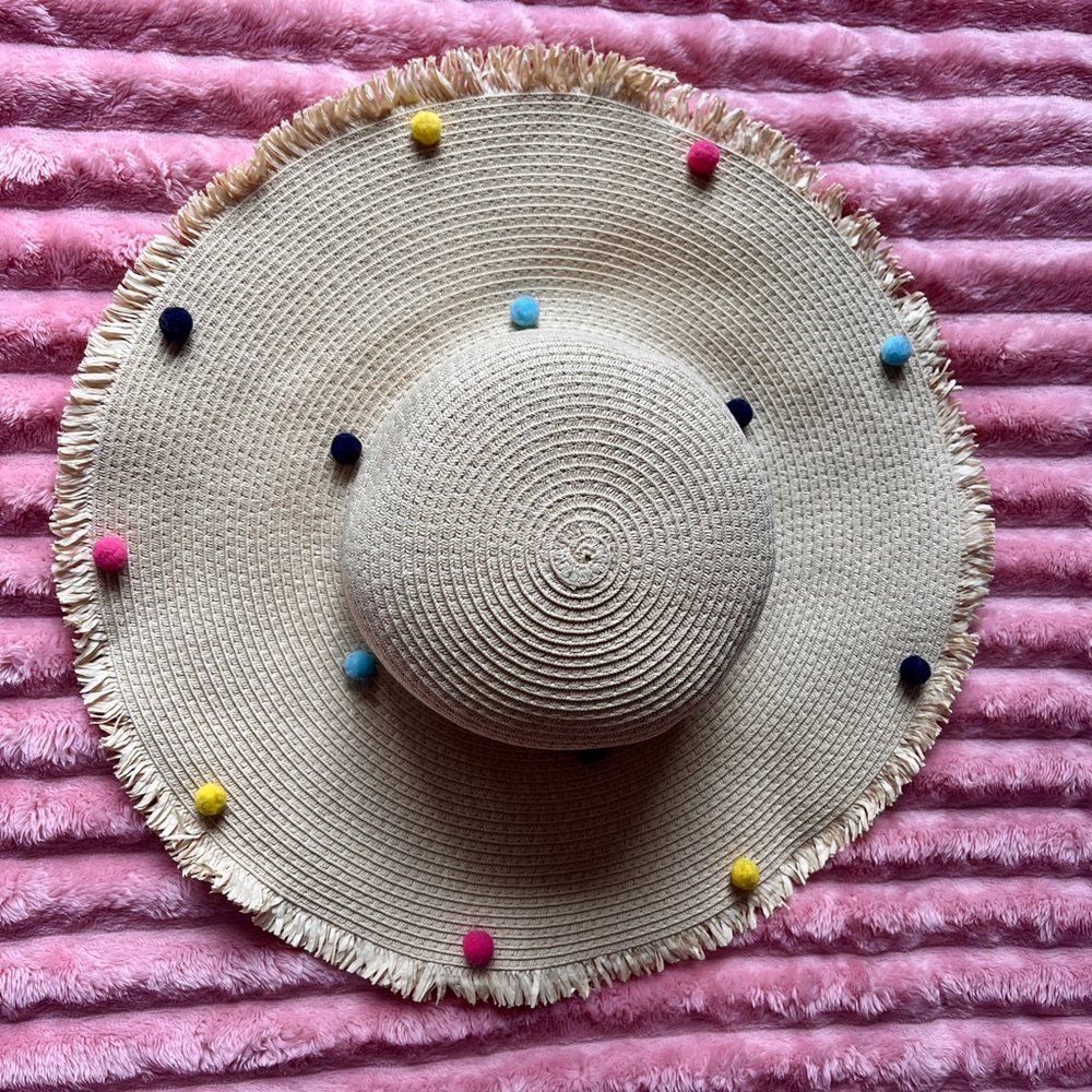 Beige Straw Hat with Colorful Pom Poms